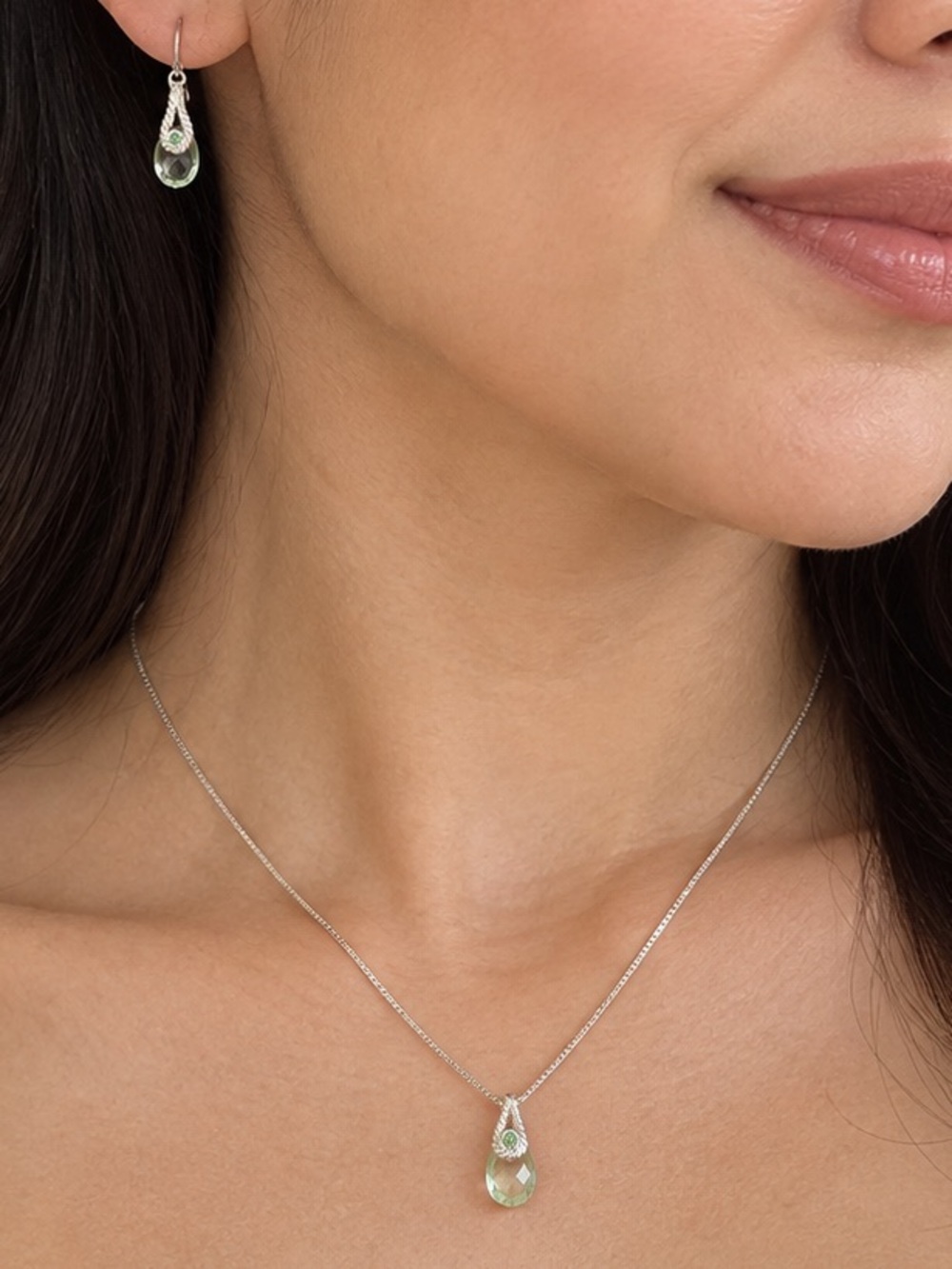 925 Italy Sterling Silver Dainty Green Teardrop Jewelry Set